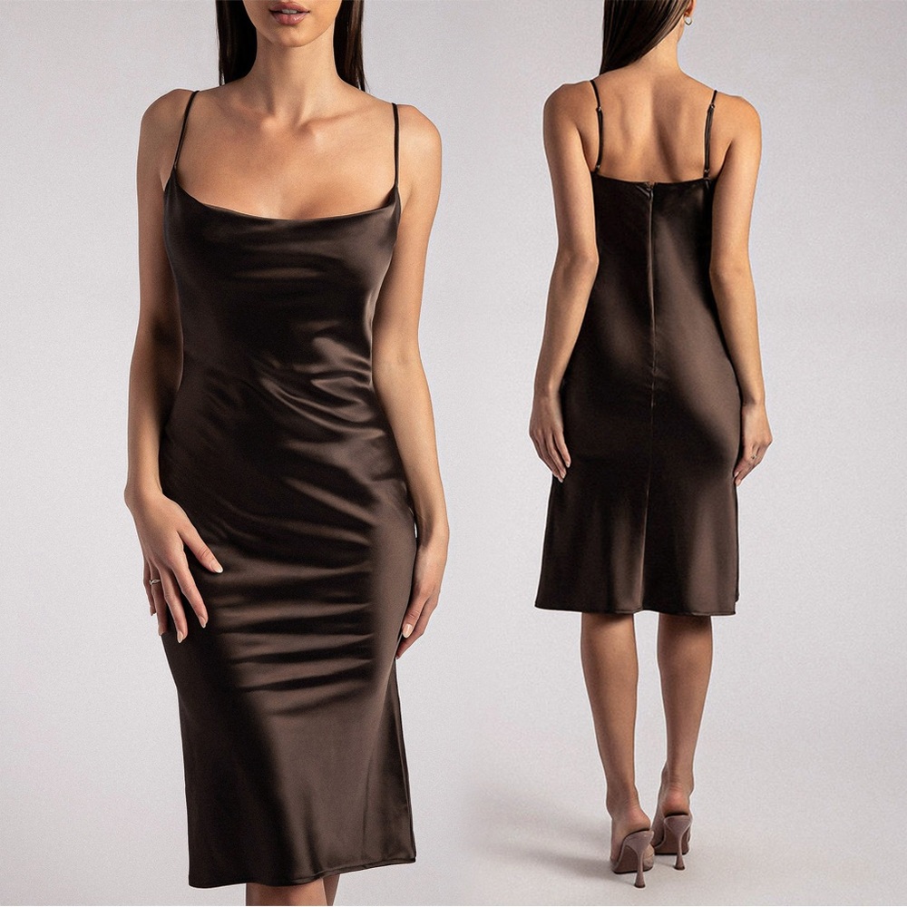 Meshki Tabitha Cowl Neck Satin Silk Dress - Brown XS - Elegant Holiday Party